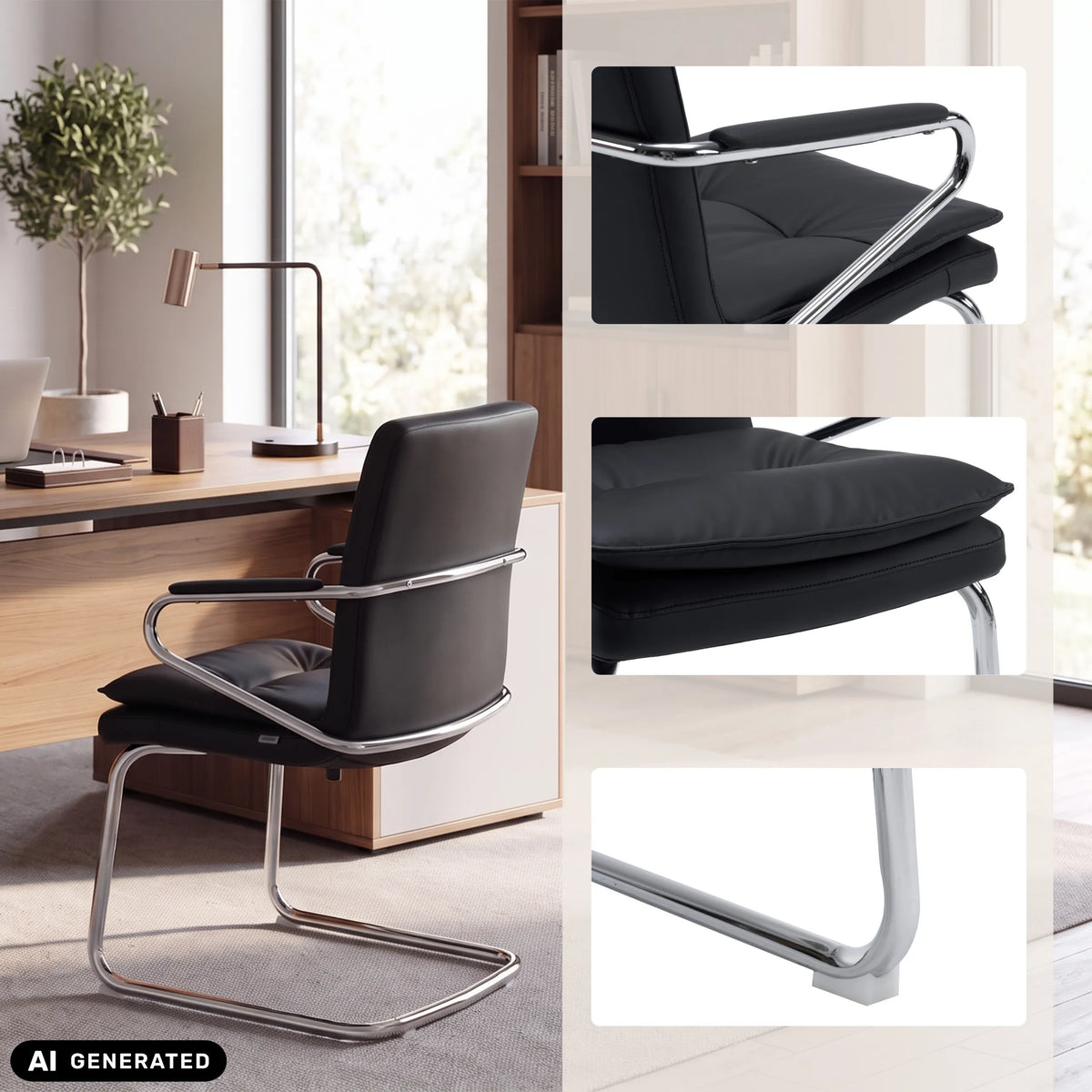 Silla viga voladiza Rovento V en negro con estructura cromada y vistas detalladas de hjh OFFICE (imagen generada por IA)