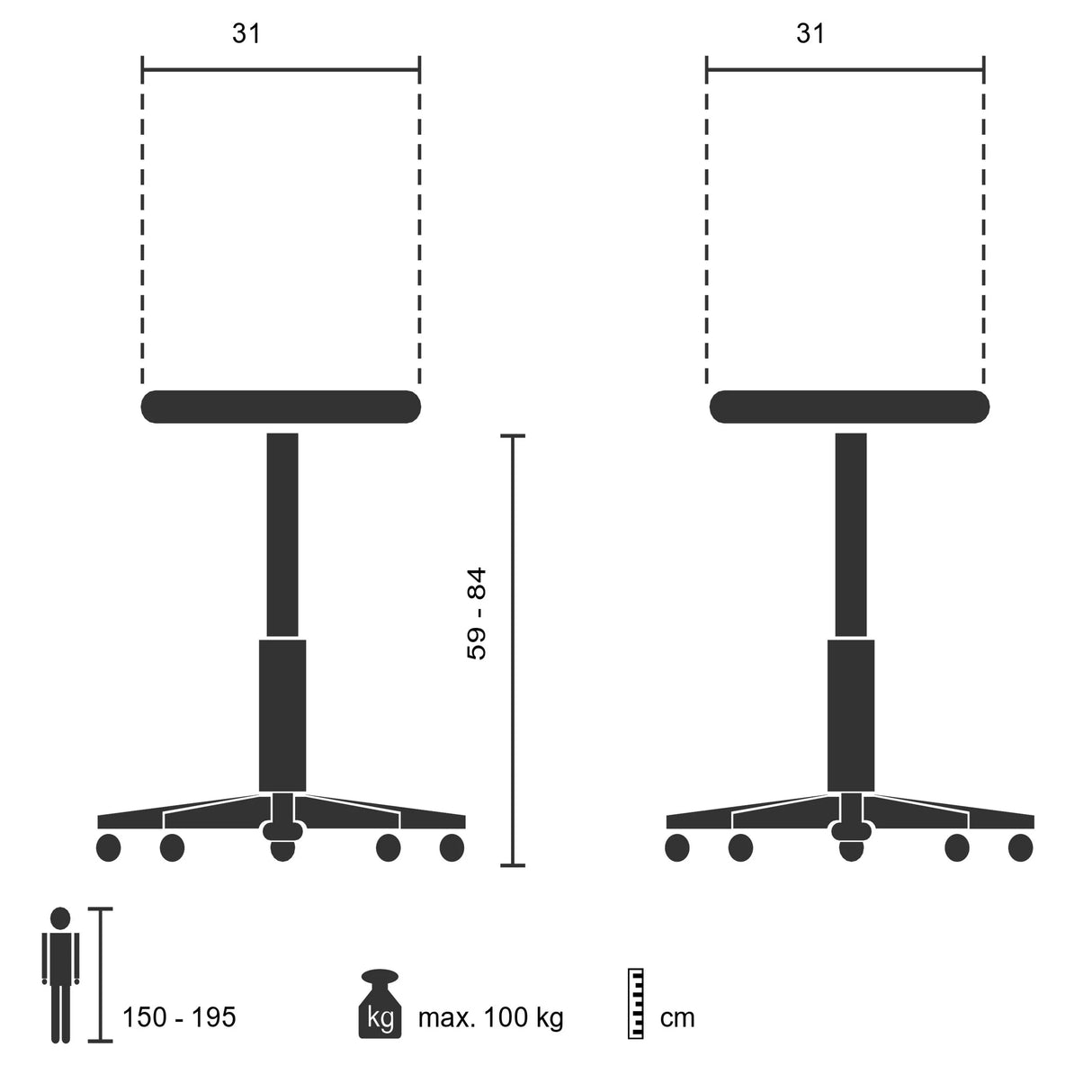 Dibujo técnico del taburete giratorio TOP WORK 14 I con un ancho de asiento de 31 cm de hjh OFFICE