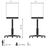 Dibujo técnico del taburete giratorio TOP WORK 14 I con un ancho de asiento de 31 cm de hjh OFFICE