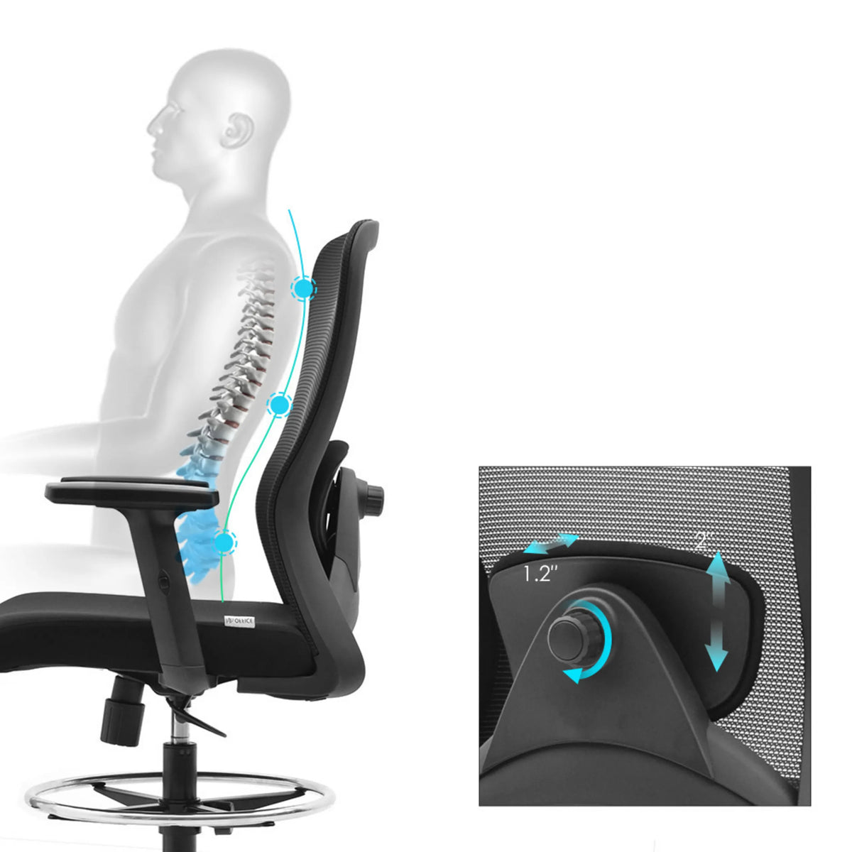 Soporte lumbar ajustable en altura de la Silla de trabajo Top Work 44 con un rango de ajuste de 1,2" de hjh OFFICE