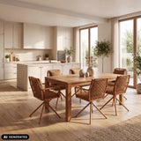 Sillas tapizadas marrones Tavaro Korvik en una mesa de madera en un comedor luminoso de hjh LIVING (imagen generada por IA)