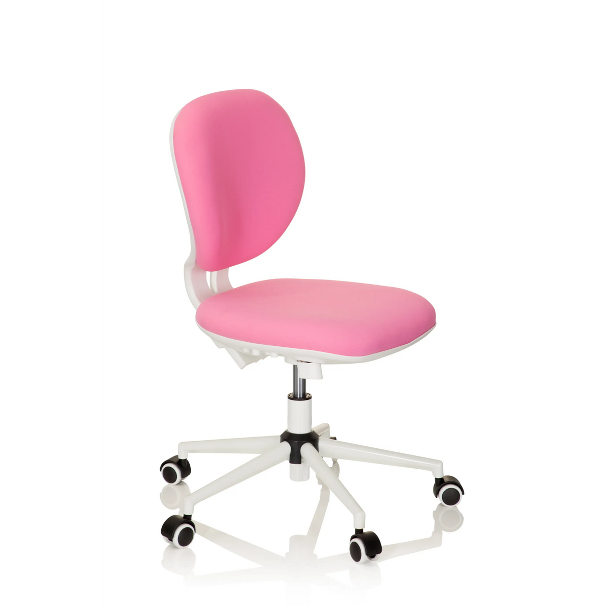 Silla giratoria para niños KID VIVO rosa con base blanca y cinco ruedas de hjh OFFICE – vista de 360° (vista frontal en diagonal 60°)