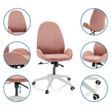 Silla Home Office rosa AVEA con vistas detalladas del respaldo, el pistón de gas y las ruedas de hjh OFFICE