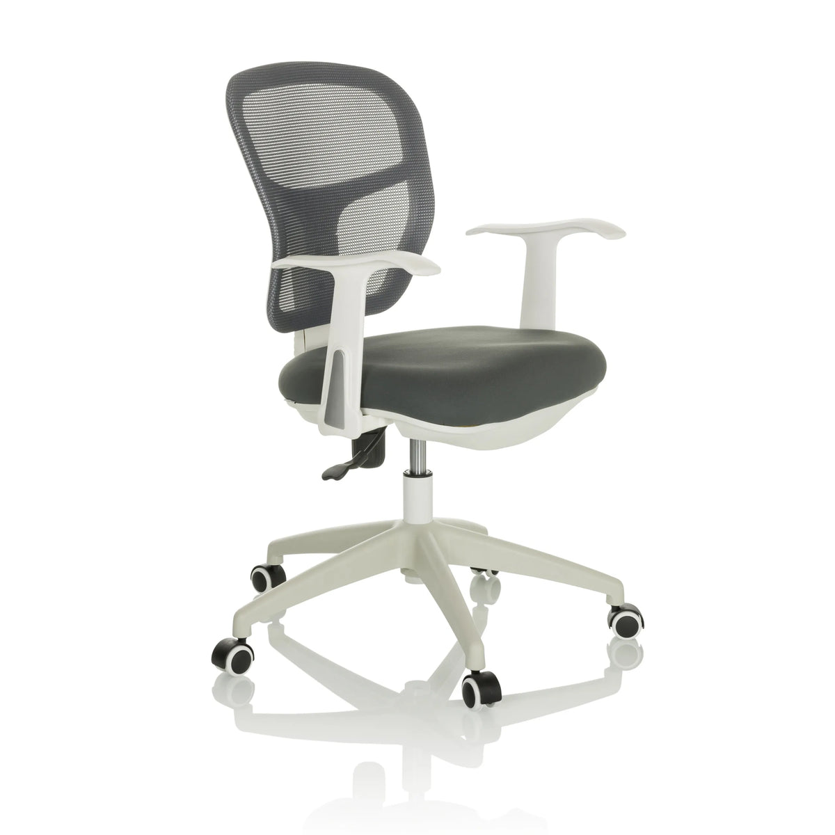 Silla Home Office TOP 108 W gris con respaldo de malla y base de cinco ruedas de hjh OFFICE – vista de 360° (vista frontal en diagonal 45°)