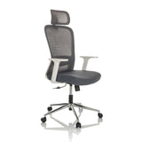 Silla Home Office BELAIA W gris con respaldo de malla, reposacabezas y base de cinco ruedas de hjh OFFICE – vista de 360° (vista frontal en diagonal 45°)