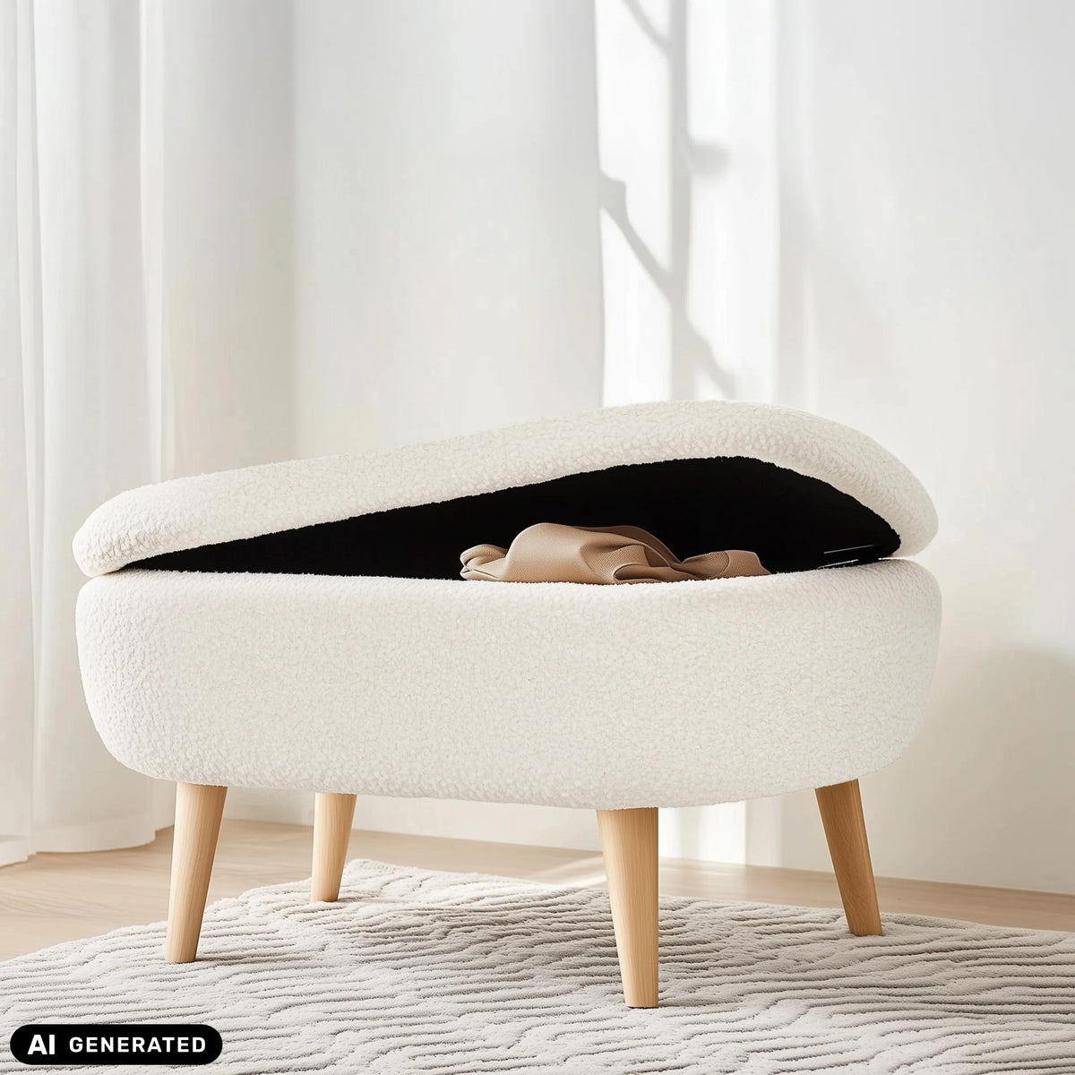 Banco blanco STORIANO con almacenamiento integrado y patas de madera de hjh LIVING (imagen generada por IA)