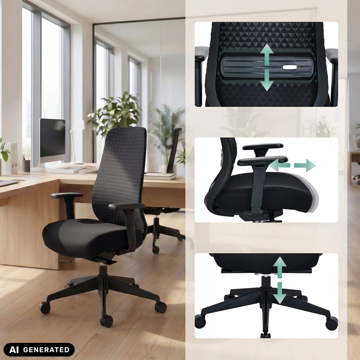 Funciones de altura regulable de la silla de oficina profesional Verviq en negro de hjh OFFICE (imagen generada por IA)