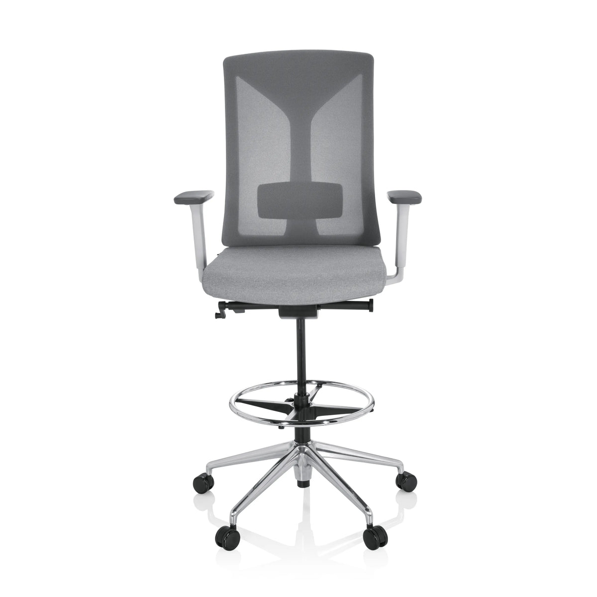 Silla de mostrador HALIFAX WORK gris con respaldo de malla, reposapiés y base de cinco ruedas de hjh OFFICE – vista de 360° (vista frontal 0°)