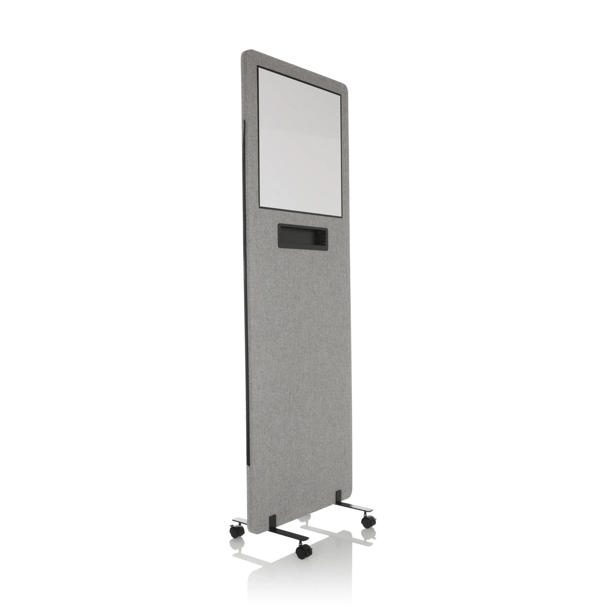 Hellgraue Trennwand FLEXMIUT WB mit integriertem Whiteboard und Rollen von hjh OFFICE – 360-Grad-Ansicht (schräge Frontansicht 45°)