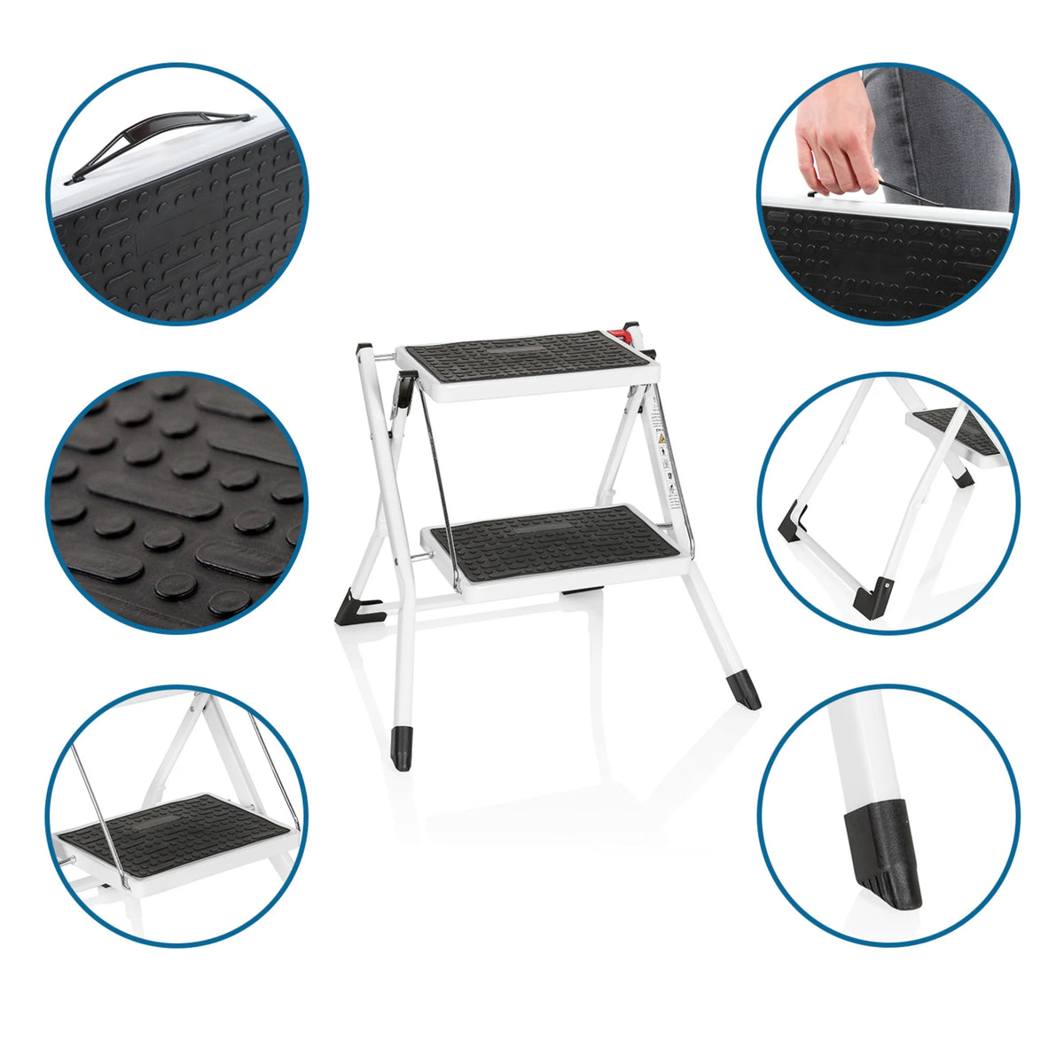 Escalera plegable SOLID W1 blanca con dos peldaños, superficies antideslizantes y un asa de transporte integrada de hjh OFFICE