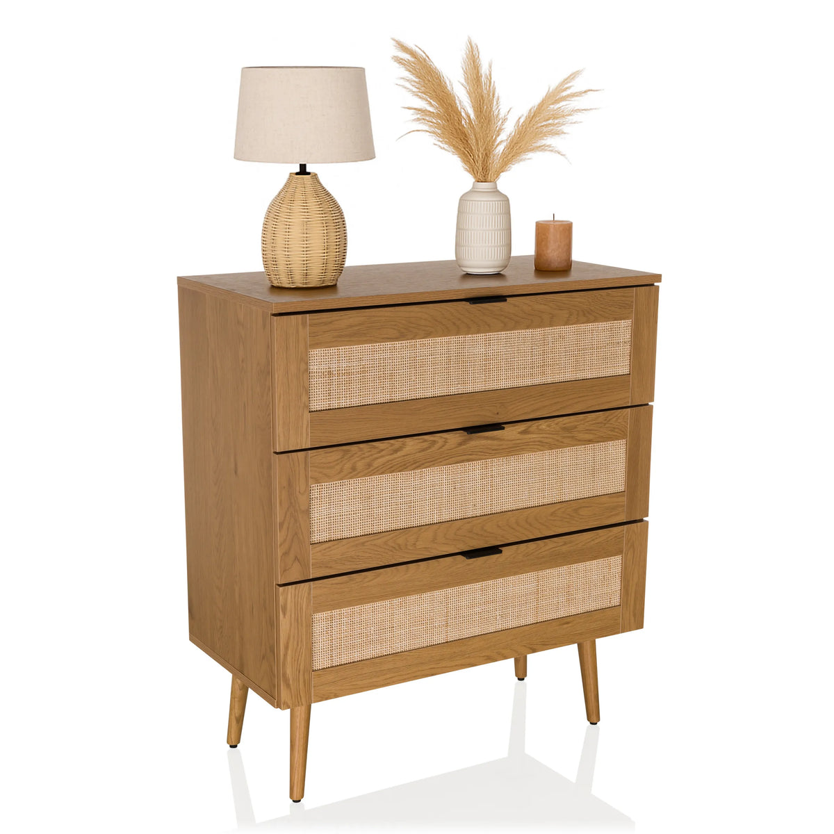 Cómoda BOHEO K de roble con tres frentes trenzados y patas cónicas de hjh LIVING