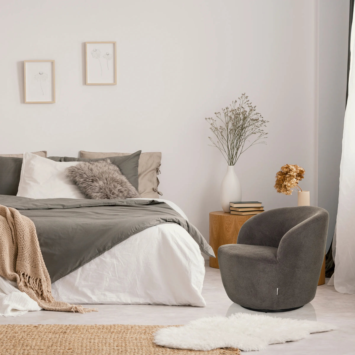 Sillón de diseño BRAMWICH gris con forma redondeada y acolchado de hjh LIVING