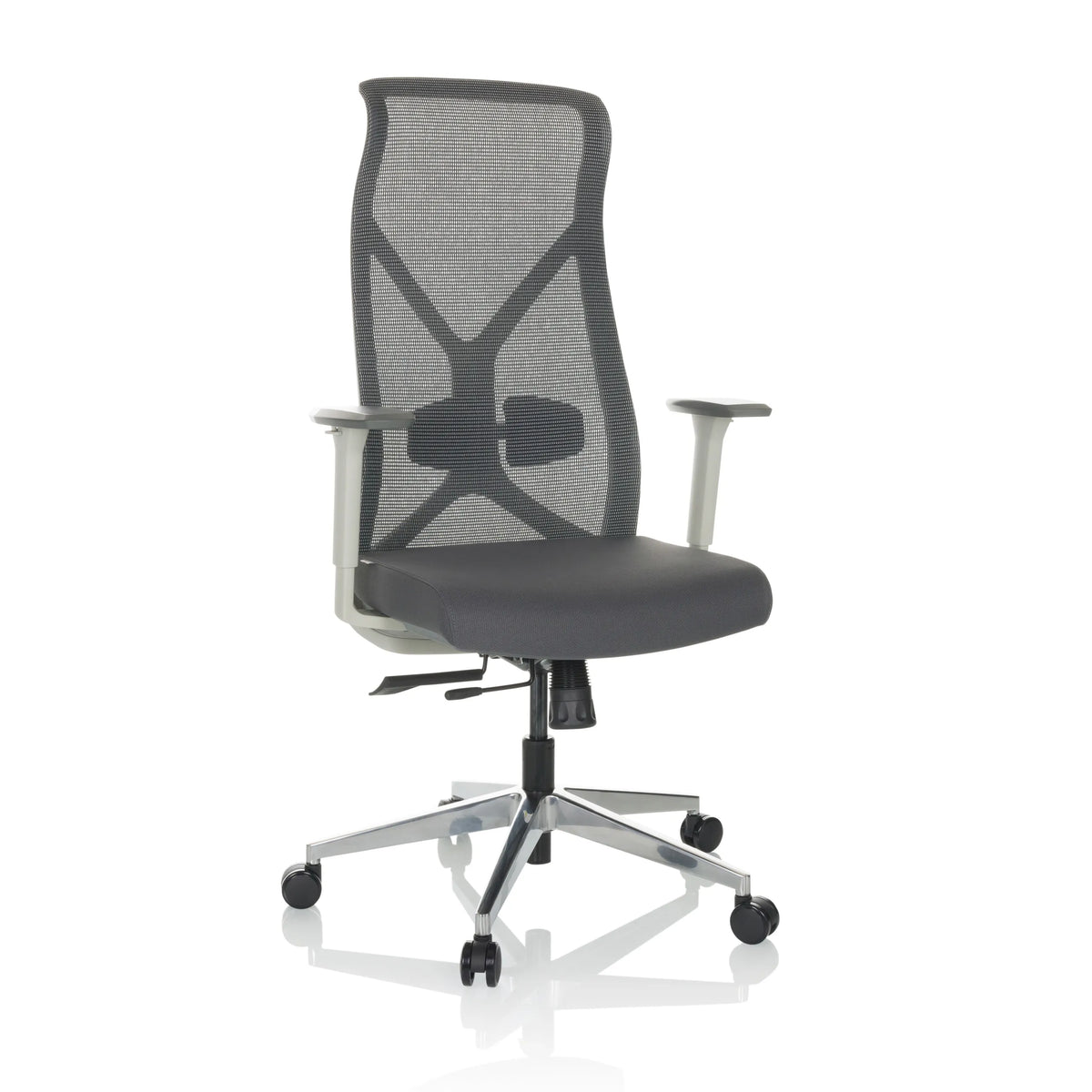 Grauer Profi-Bürostuhl AZURRO WHITE mit Netzrücken und Fußkreuz mit fünf Rollen von hjh OFFICE – 360-Grad-Ansicht (Frontansicht 15°)