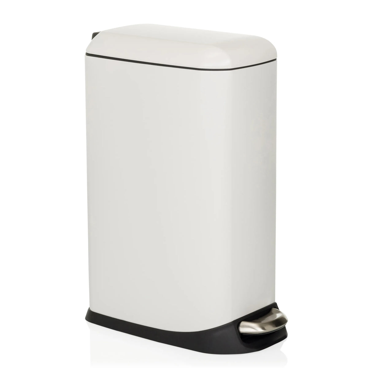 Papelera CLEAN SLIM blanca con pedal y tapa redondeada de hjh OFFICE – vista de 360° (vista frontal en diagonal 45°)