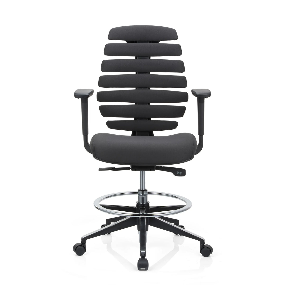 Silla de mostrador ERGO LINE II WORK negra con respaldo segmentado, aro reposapiés y base de cinco ruedas de hjh OFFICE – vista de 360° (vista frontal 0°)
