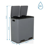 Vista de dimensiones de la papelera Clean 13 con capacidad de 60 L y 58,5 x 32 cm de hjh OFFICE