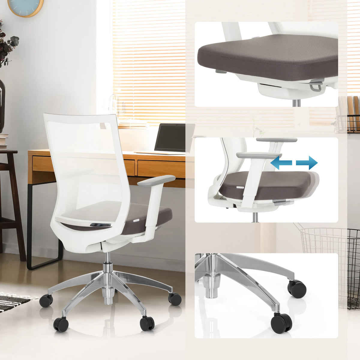 Silla de oficina profesional ASPEN WHITE blanca con asiento gris, reposabrazos ajustables y ruedas de hjh OFFICE