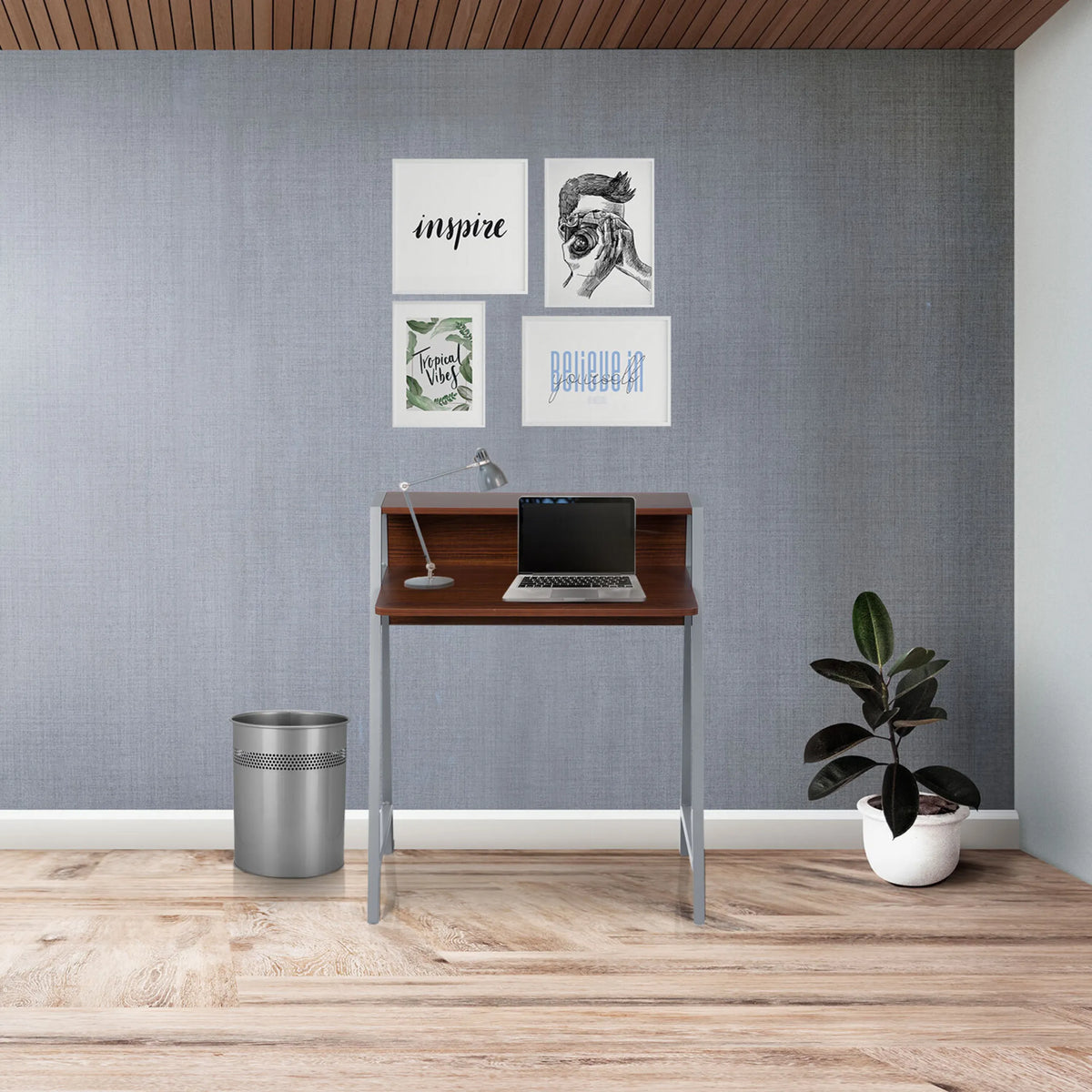 Escritorio DUMONT en nogal con medidas de 78 x 50,5 cm y patas plateadas de hjh OFFICE