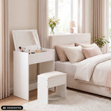 Tocador Glamdesk blanco con espejo, un cajón y taburete a juego en el dormitorio de hjh LIVING