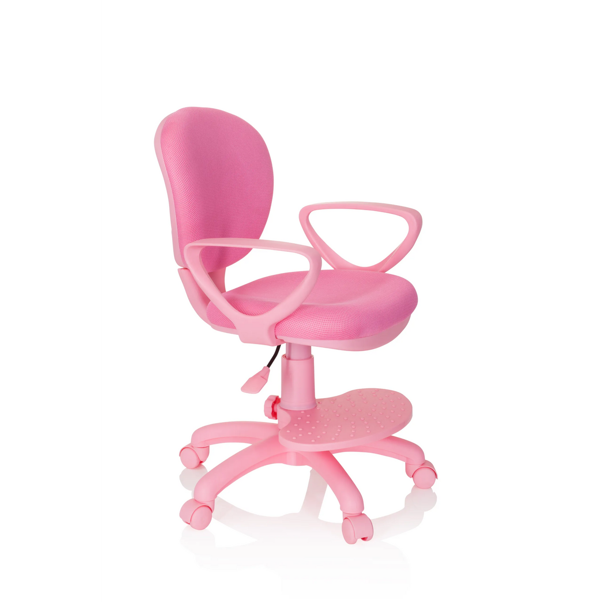 Silla giratoria para niños KID COLOUR rosa con reposabrazos y base de cinco ruedas de hjh OFFICE – vista de 360° (vista frontal en diagonal 60°)