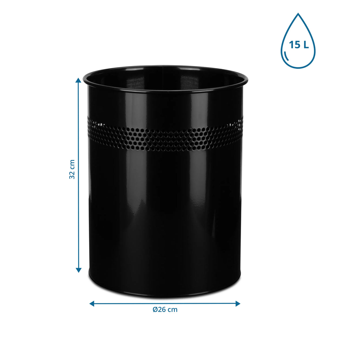 Vista dimensional de la Papelera CLEAN III con 32 cm de altura, 26 cm de diámetro y 15 L de capacidad de hjh OFFICE