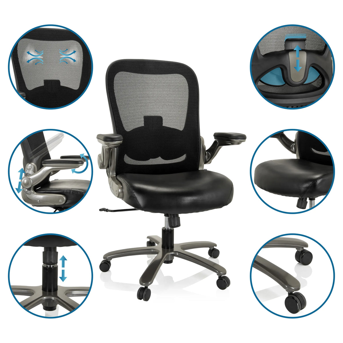 Silla giratoria XXL INSTRUCTOR T I de cuero sintético y malla con diversas vistas detalladas de hjh OFFICE