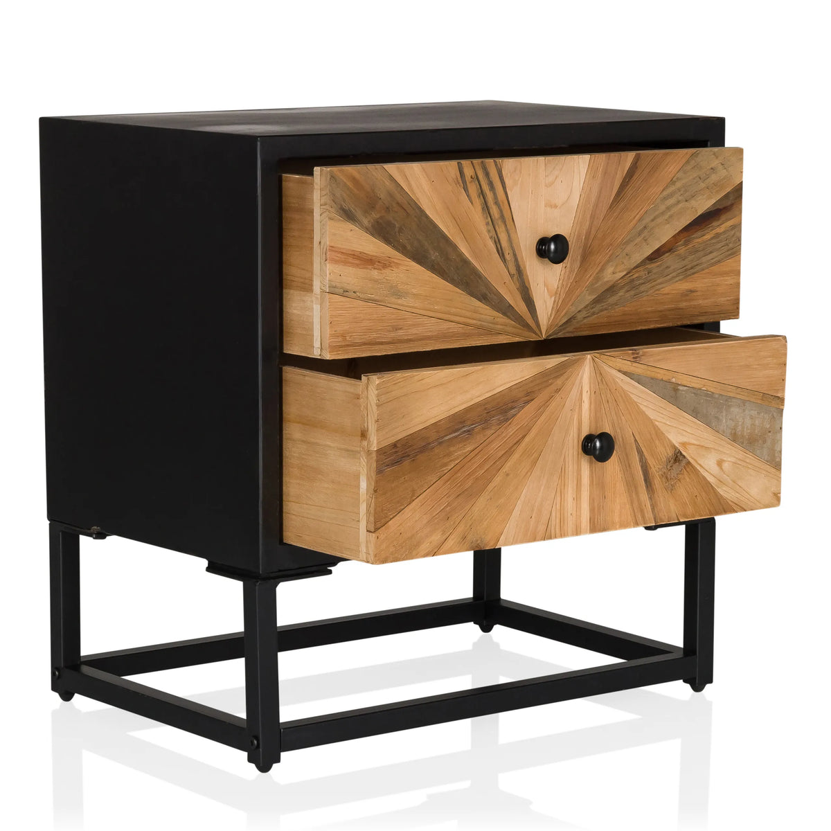 Aparador SANTJAGO BLACK SUN S con dos cajones de madera con diseño de rayos de sol y estructura de metal negra de hjh LIVING