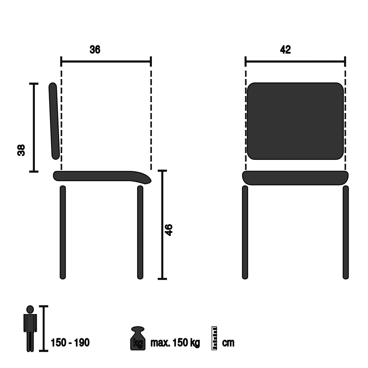 Dibujo técnico de la Silla de exterior T37 V con una altura del asiento de 46 cm de hjh LIVING