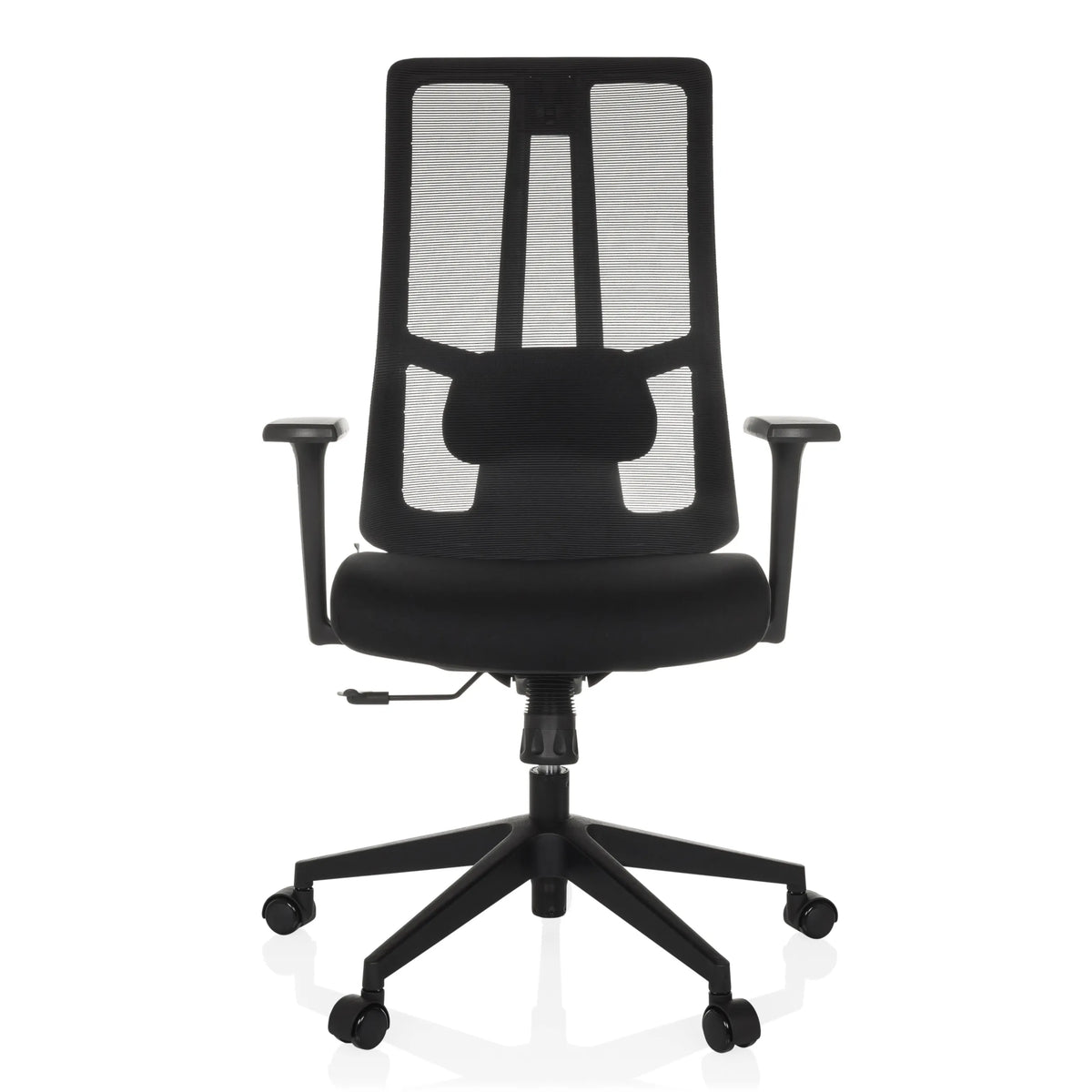 Silla de oficina profesional TRAMORE BASE negra con respaldo de malla y base de cinco ruedas de hjh OFFICE – vista de 360° (vista frontal 0°)