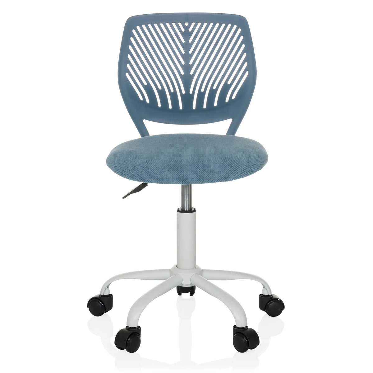 Silla giratoria para niños KID QW azul con respaldo perforado y base blanca de cinco ruedas de hjh OFFICE – vista de 360° (vista frontal 0°)