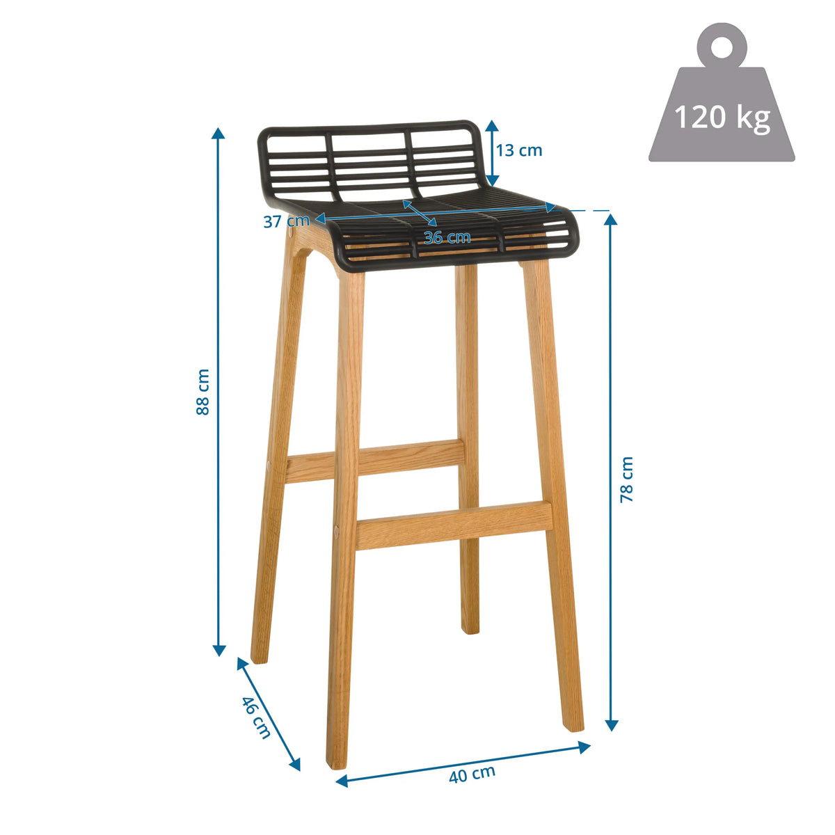 Dibujo dimensional del taburete de bar LONSO W con una altura de 88 cm y una capacidad de carga de 120 kg de hjh OFFICE