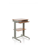 Escritorio de pie WORKSTATION gris en haya con superficie de almacenamiento y cuatro ruedas de hjh OFFICE – vista de 360° (vista frontal en diagonal 40°)