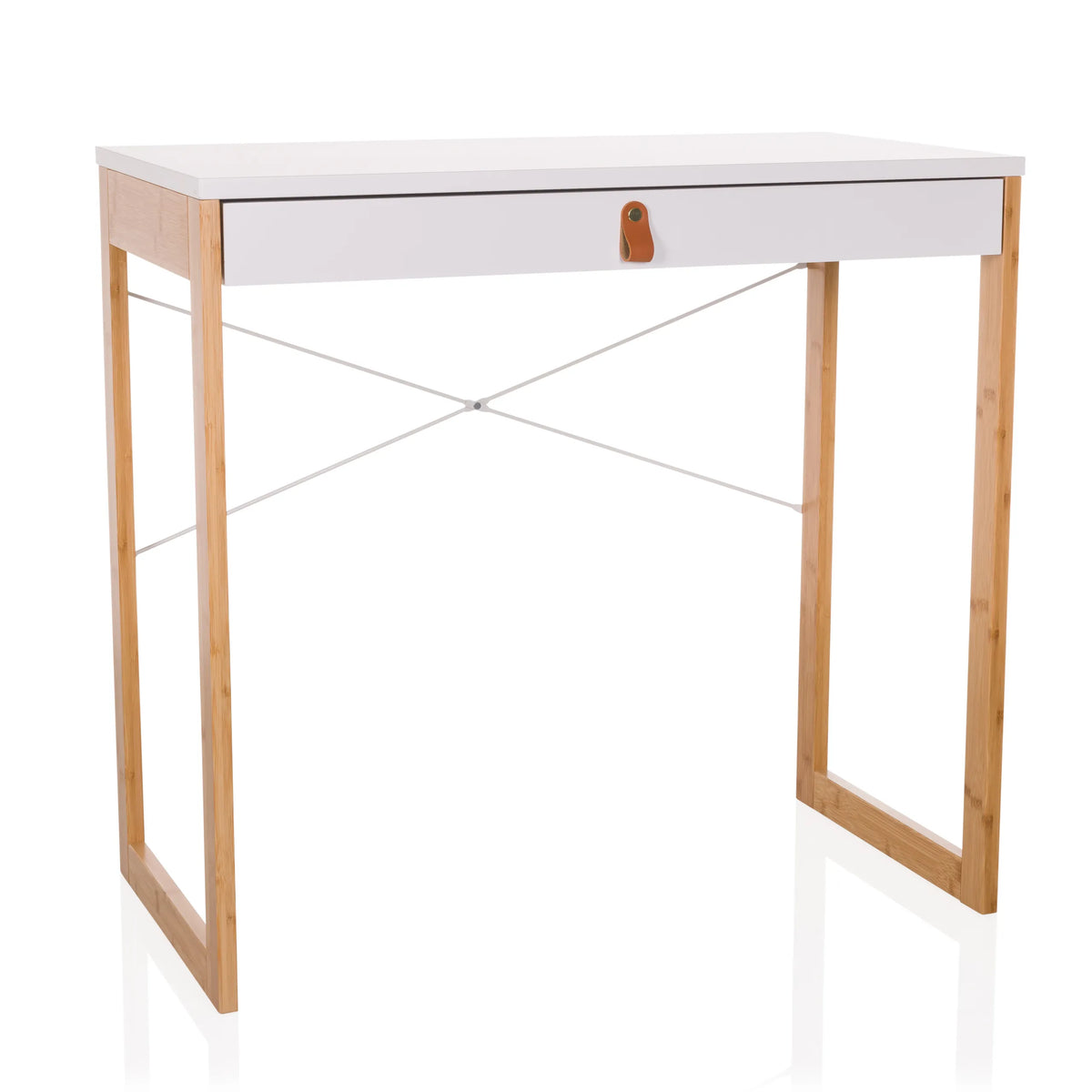 Escritorio blanco TAROLO II con un cajón, tirador de cuero marrón y patas de madera de hjh LIVING – vista de 360° (vista frontal 15°)