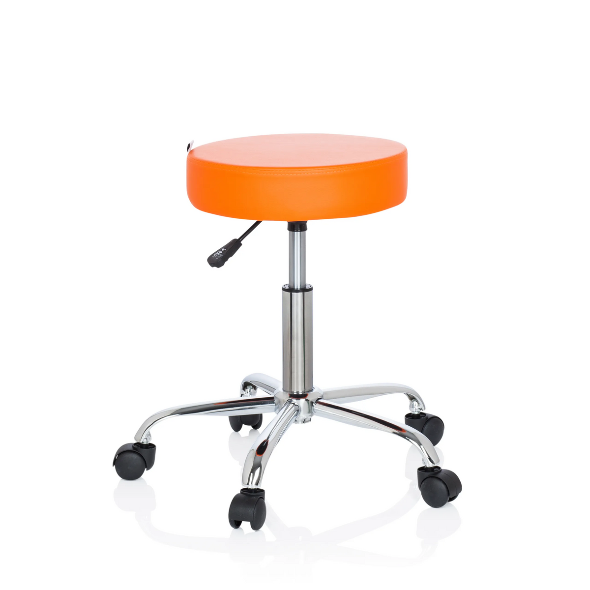 Taburete giratorio naranja OPERATOR II con pistón de gas y base de cinco ruedas de hjh OFFICE – vista de 360° (vista frontal 20°)