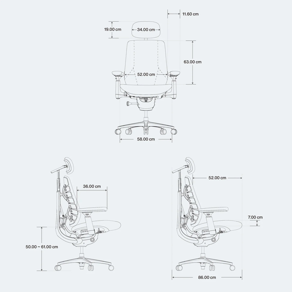 Dibujo acotado de la silla de oficina LiberNovo Maxis Airflow con indicaciones de altura, anchura y profundidad de Libernovo