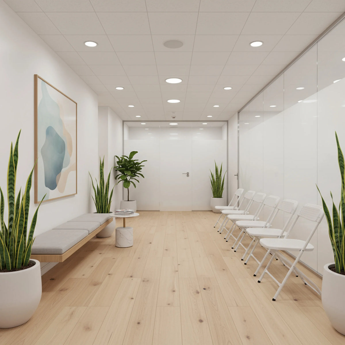 Sillas de exterior blancas TUDELA XXL PRO W con estructura plegable en una moderna sala de espera de hjh OFFICE