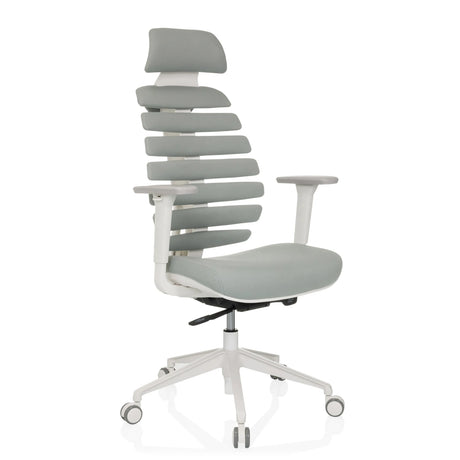 Silla de oficina profesional ERGO LINE W con tapicería de tela gris, respaldo segmentado y estructura blanca de hjh OFFICE