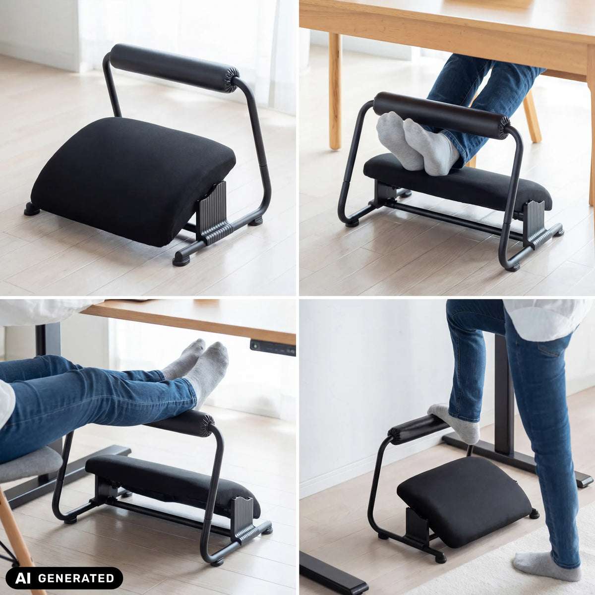Reposapiés ajustable Podi Velvet en negro en varias posiciones de hjh OFFICE (imagen generada por IA)