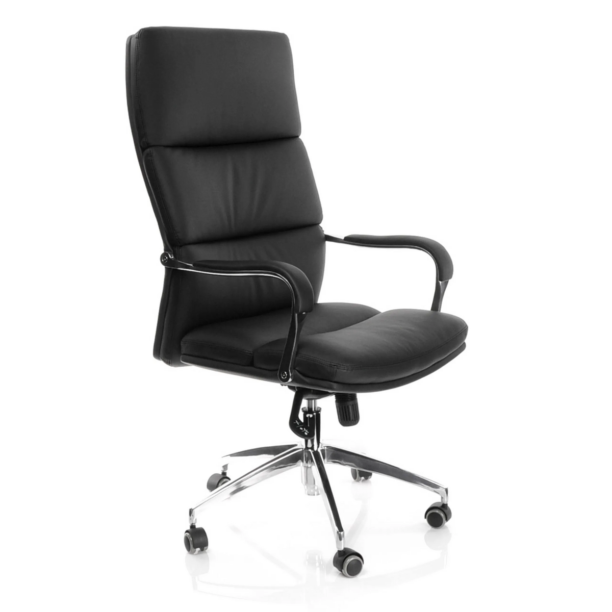 Sillón de oficina profesional BRUNELLO 20 negro con reposabrazos y base de cinco ruedas de hjh OFFICE – vista de 360° (vista frontal en diagonal 40°)