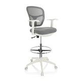 Silla de mostrador TOP WORK 108 W gris con respaldo de malla, aro reposapiés y base blanca de cinco ruedas de hjh OFFICE – vista de 360° (vista frontal en diagonal 40°)