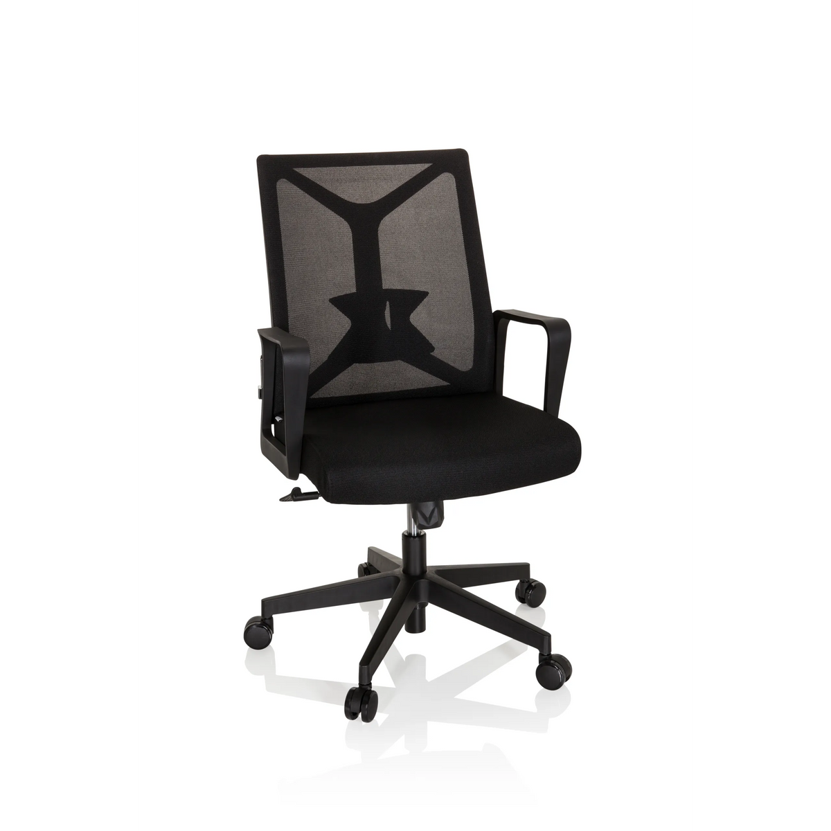 Silla Home Office ENCO negra con respaldo de malla y base de cinco ruedas de hjh OFFICE – vista de 360° (vista frontal 20°)