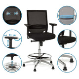 Silla de mostrador TOP WORK 77 negra con respaldo de malla, reposapiés y deslizadores de hjh OFFICE