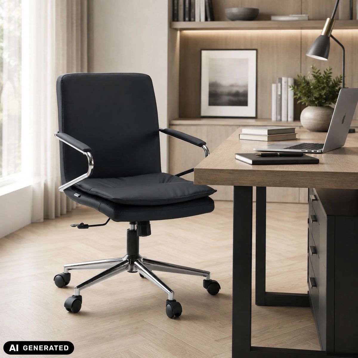 Silla Home Office Rovento negra con reposabrazos y base de cinco radios con ruedas de hjh OFFICE (imagen generada por IA)