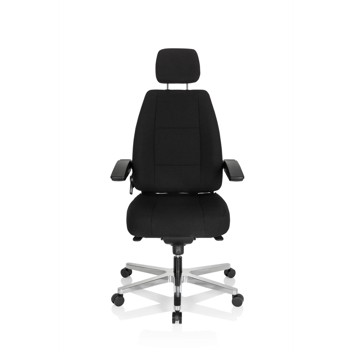 Silla giratoria XXL 24 HOURS I negra con reposacabezas y base de cinco ruedas de hjh OFFICE – vista de 360° (vista frontal 0°)