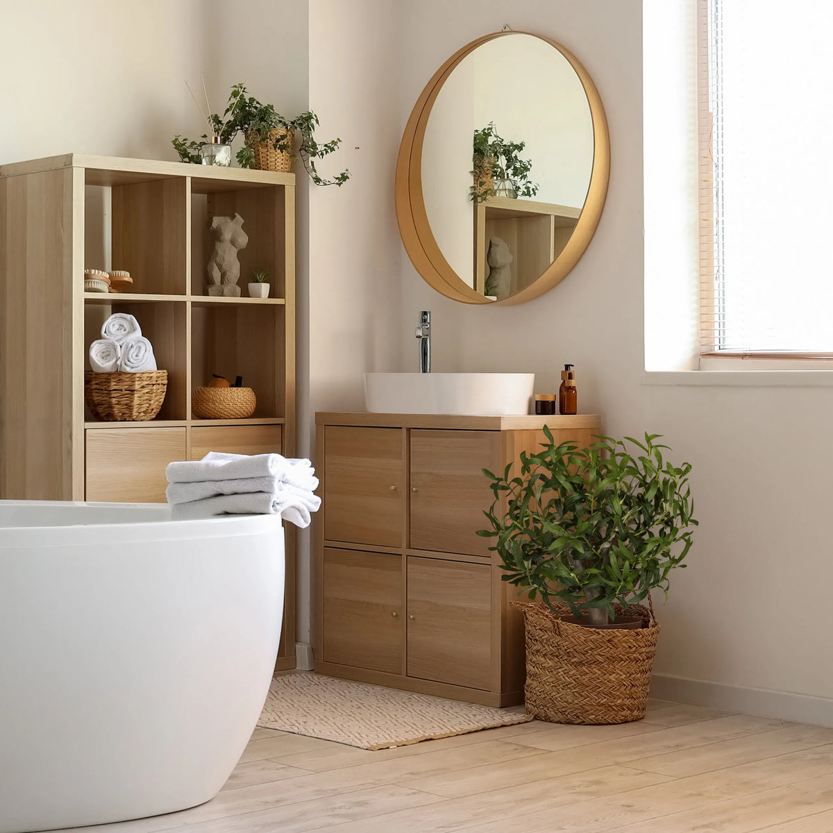 Planta artificial verde Olive S en una cesta tejida junto a un mueble de baño de hjh OFFICE