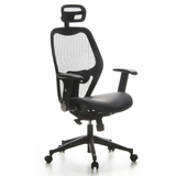 Silla de oficina profesional AIR-PORT negra con respaldo de malla, asiento de cuero y base de cinco ruedas de hjh OFFICE – vista de 360° (vista frontal en diagonal 40°)