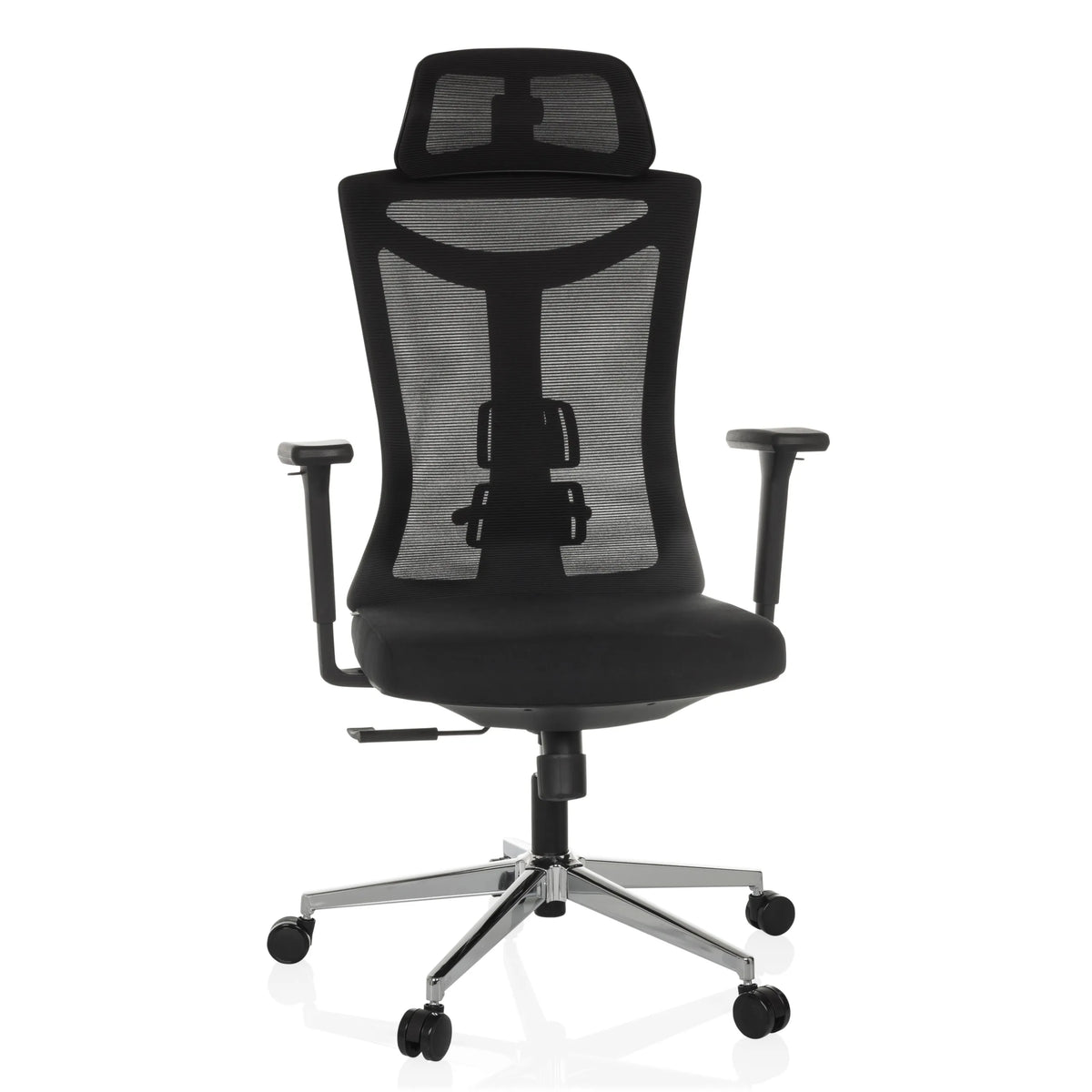 Silla de oficina profesional KAMIAK negra con respaldo de malla y base de cinco ruedas de hjh OFFICE – vista de 360° (vista frontal 15°)