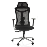 Silla de oficina profesional KAMIAK negra con respaldo de malla y base de cinco ruedas de hjh OFFICE – vista de 360° (vista frontal 15°)