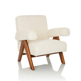 Sillón de diseño POOLY blanco con tapizado estructurado y patas de madera oscura de hjh LIVING – vista de 360° (vista frontal en diagonal 30°)