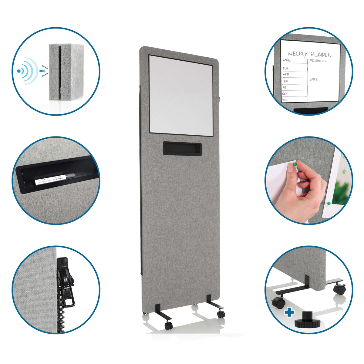 Separador FLEXMIUT WB gris claro con pizarra blanca, portalápices, ruedas y material absorbente de sonido de hjh OFFICE